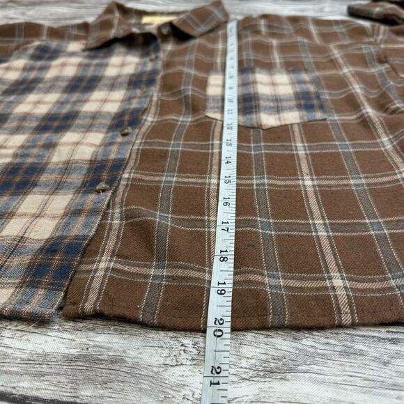 Love Notes Women's Cropped Mixed Patchwork Flannel Shirt L LG Large Brown Grey - Picture 12 of 13